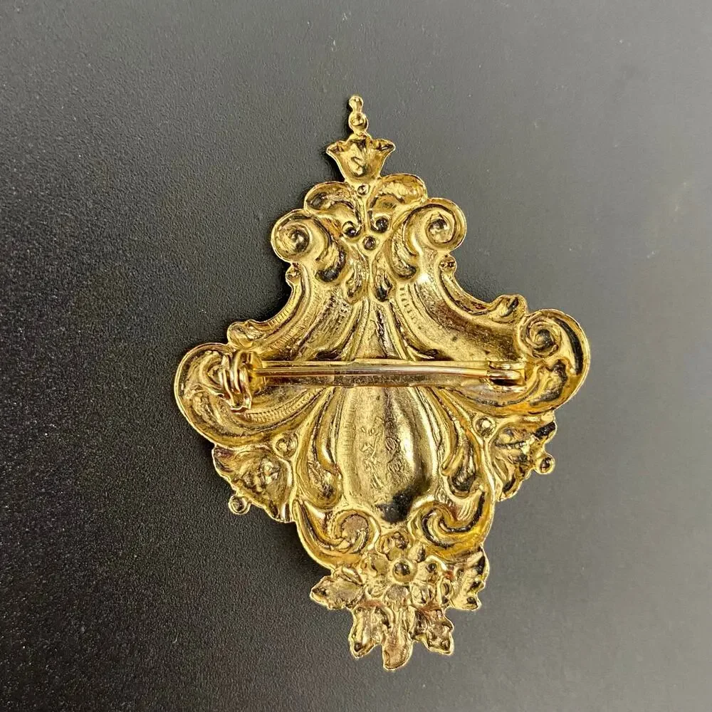 Vintage Gold Tone Baroque Filigree Shield Brooch Pin Victorian Revival Marquise